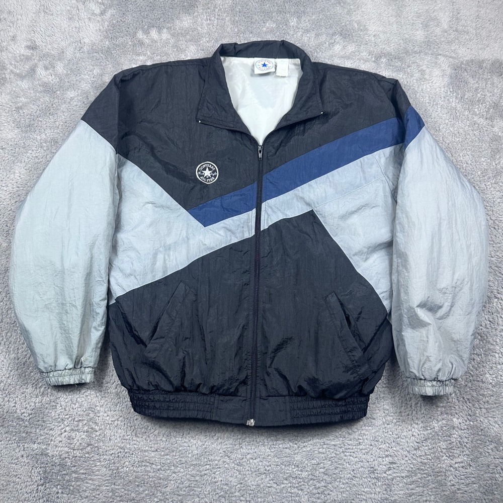 Converse‎ Windbreaker Mens Medium Black Grey Blue Vintage 90s Colorblock Jacket